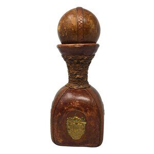 Vintage Italian Leather Wrapped Glass Decanter Brass Emblem Braided Ball Stopper